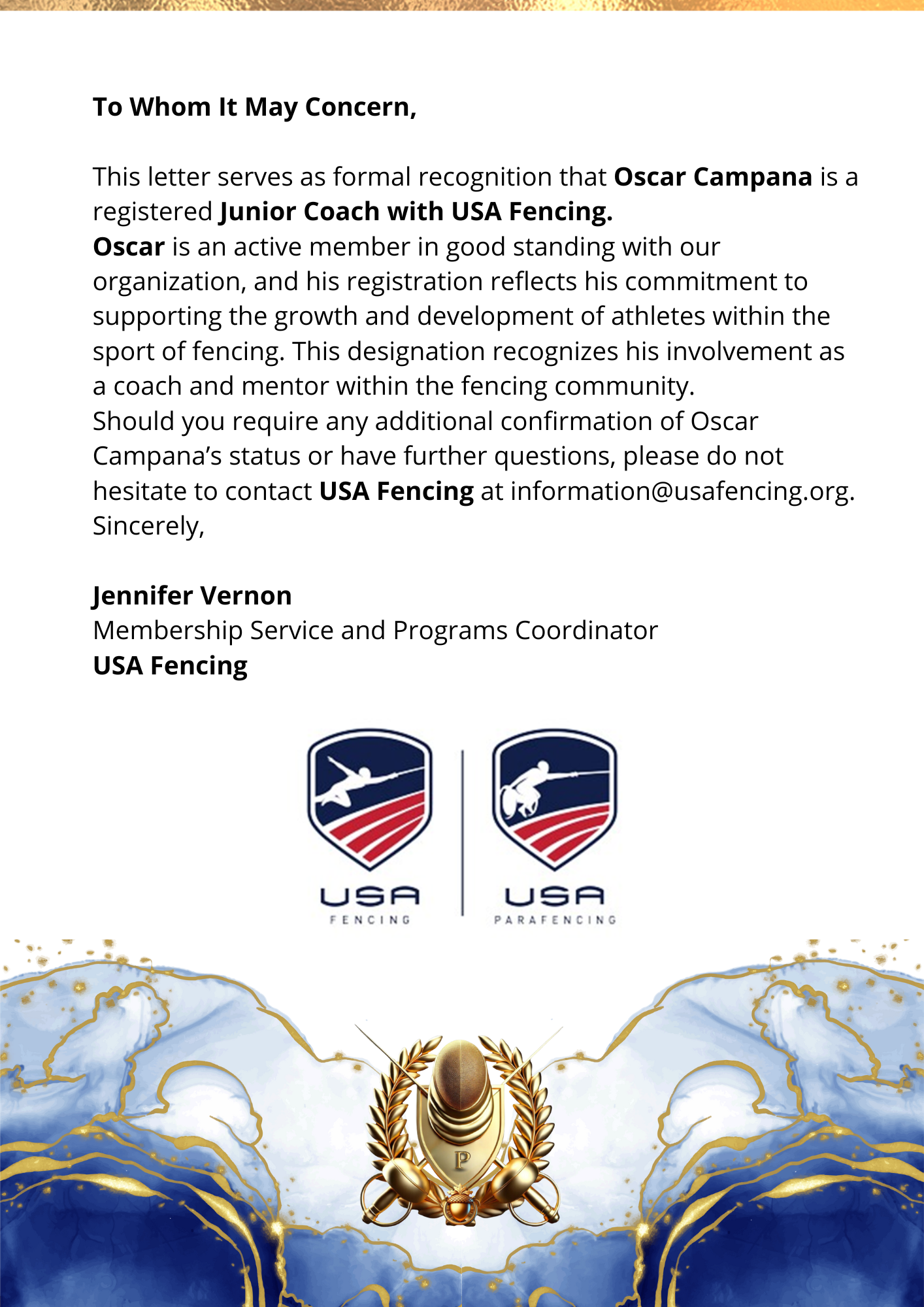 certificado Coach Junior